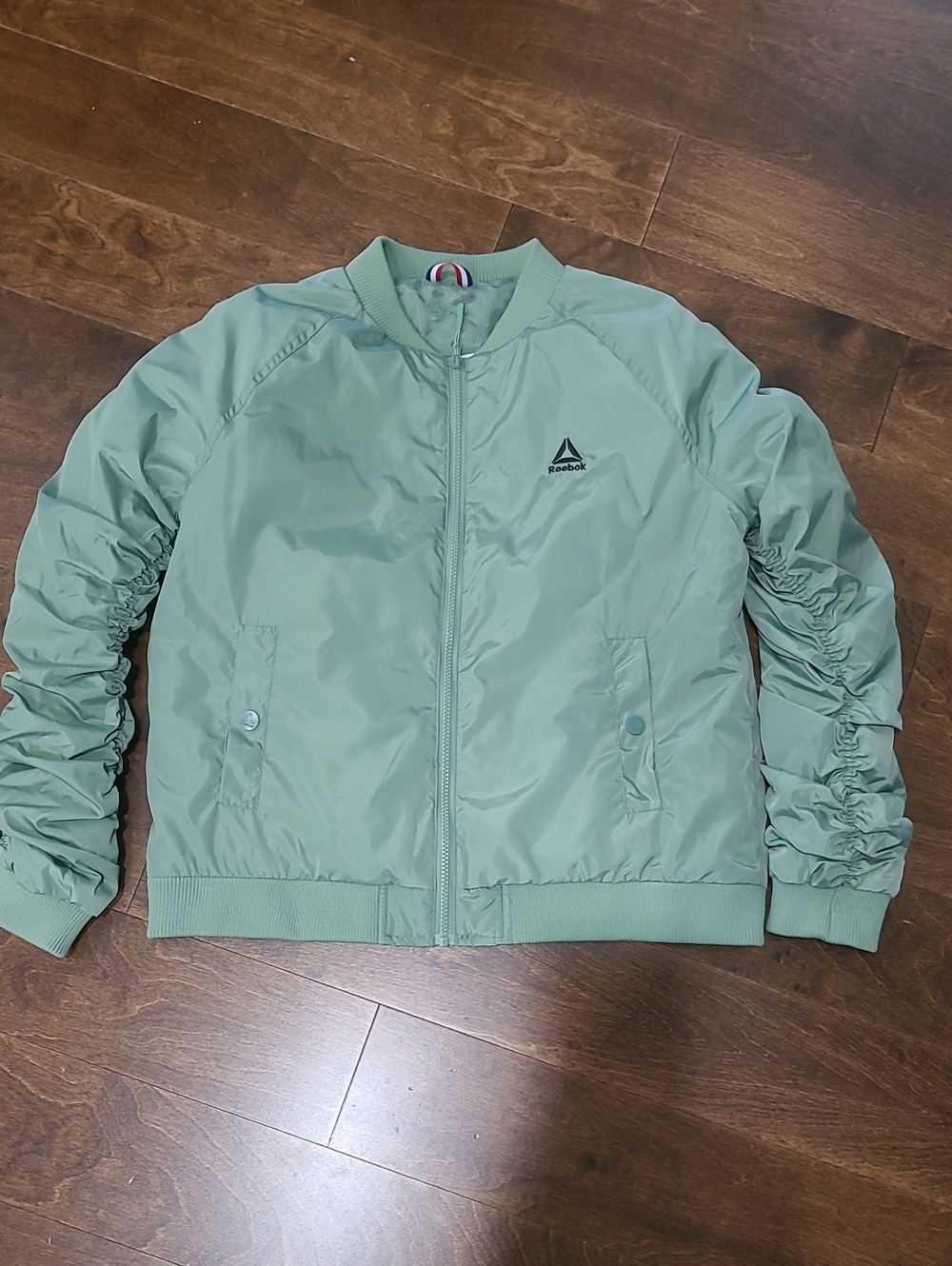 Reebok Women's Sage Green Bomber Jacket with Ruched Sleeves Vintage Style Large